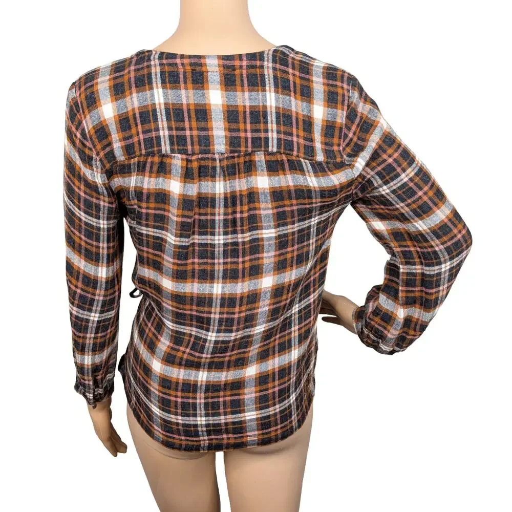 Madewell Plaid Crinkle Gauze Side Tie Wrap Puff Sleeve Top Brown Black XS